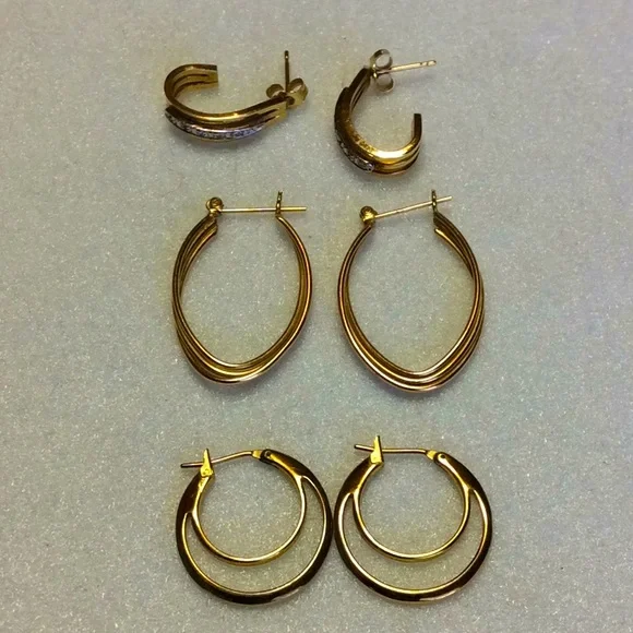 FINAL SALE PRICE 2 Pairs of 14K Triple Dia Earrings + Monet Hoops - Picture 1 of 8